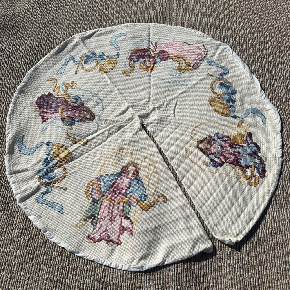 Vintage Hand Stitched Angel Christmas Tree Skirt Cross Stitch Quilted 40 Inch